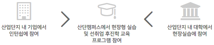 산업단지 내 기업에서 인턴쉽에 참여,산단캠퍼스에서 현장형 실습 및 선취업 후진학 교육 프로그램 참여,산업단지 내 대학에서 현장실습에 참여